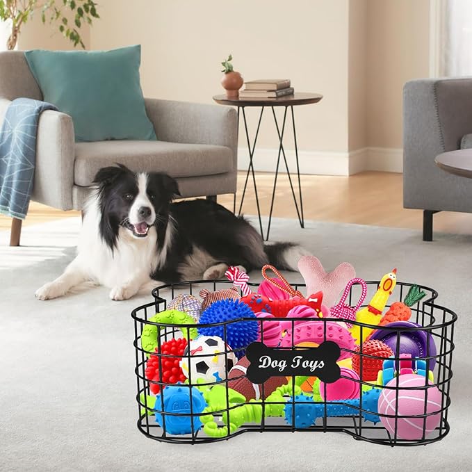 Geyecete Dog Toy Basket, Bone Shaped, Black, Metal, Organizer, Storage, Pet Accessories