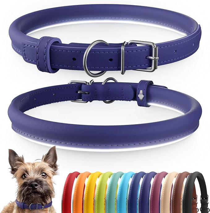 CollarDirect Rolled Leather Dog Collar, Soft Padded Round Puppy Collar, Handmade Genuine Leather Collar Dog Small Large Cat Collars 13 Colors (6-7 Inch, Purple Smooth)