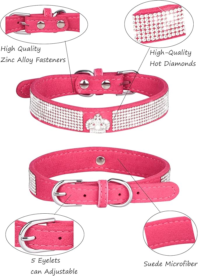 Dog Collar for Small Dogs, Adjustable Leather Suede Bling Dog Collars，Pink Dog Collar Cat Collar, Rhinestone Dog Collar (M, Rose red3)