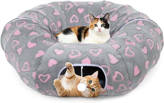 Cat Tunnels for Indoor Cats, 35'' Plush Cat Tunnel Bed with Playful Ball and Circle Cushion, Multifunctional Peekaboo Cat Cave, Interactive Toy Gift for Cats, Kittens, Rabbits, Gray&Heart