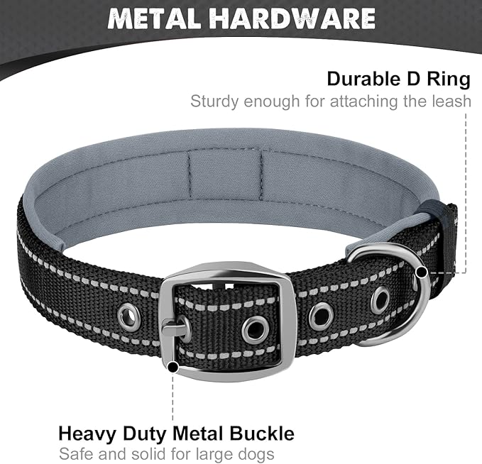 Joytale Dog Collar for Large Dogs, Neoprene Padded and Adjustable, Reflective Wide Heavy Duty Pet Collars with Durable Metal Belt Buckle for Walking, Black, L