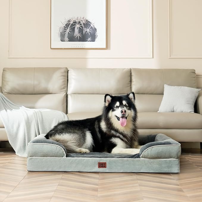 EHEYCIGA Orthopedic XL Dog Beds, Waterproof Memory Foam Dog Bed for Extra Large Dogs, Non-Slip Bottom and Egg-Crate Foam Big Pet Couch Bed with Washable Removable Cover, Greyish Green