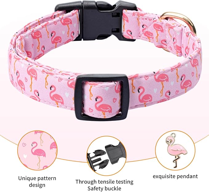 Cotton Dog Collar,Adjustable Cute Puppy Collar with Moon Patterned Design for Small Medium Large Dogs,Soft and Fancy Pet Collar with Safety Buckle for Girl Boy Dogs (Pink Flamingo, L)
