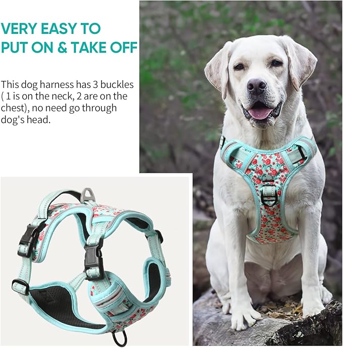Timos No Pull Dog Harness, Release at Neck Reflective 3 Snap Buckles Adjustable No Choke Pet Vest with Front & Back 2 Leash Clips, Soft Padded Control Training Handle for Small Medium Large Dogs