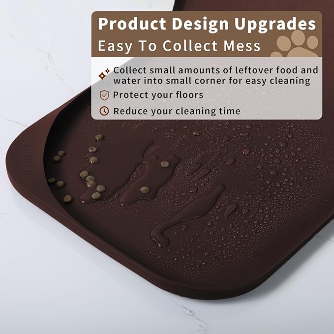 Silicone Pet Food Mat with Raised Edge for Food and Water Bowl, Dog Feeding Mats, Cat Food Trays for Floor Waterproof, Rubber Tray for Dogs and Cats, 22 x 14 x 0.8 Dark Brown