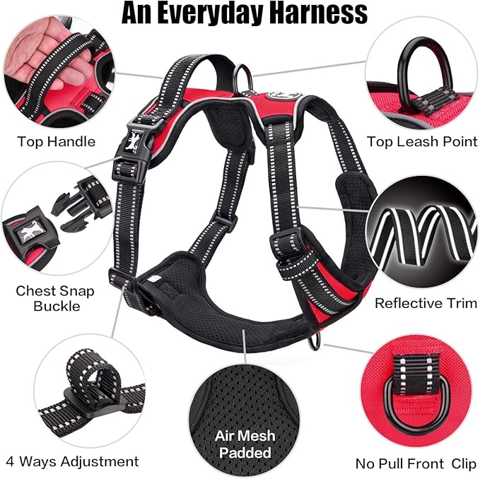 PoyPet No Pull Dog Harness, Reflective Comfortable Vest Harness with Front & Back 2 Leash Attachments and Easy Control Handle Adjustable Soft Padded Pet Vest for Small to Large Dogs (Red,M)