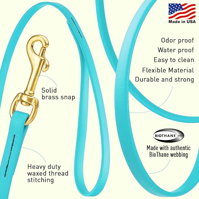 Viper Biothane K9 Working Dog Leash Waterproof Lead for Tracking Training Schutzhund Odor-Proof Long Line with Solid Brass Snap for Puppy Medium and Large Dogs, 15ft Sky Blue