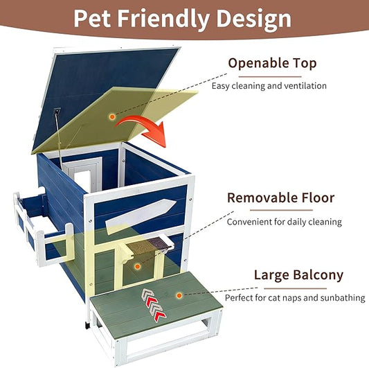 Rockever Outdoor Cat House, Large Outdoor Houses for Feral Cats Wooden Outside Cat Shelter Weatherproof with Escape Door