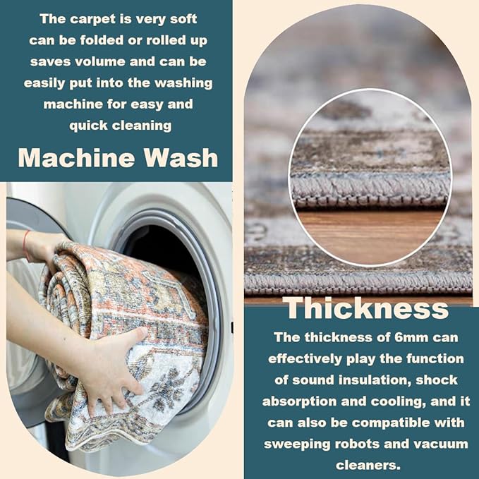 Washable Area Rug 8'x10' Boho Design Non-Shedding Non-Slip Easy Care Ideal for High Traffic Areas in Living Room Bedroom Office Coffee Table Kitchen Large Carpet