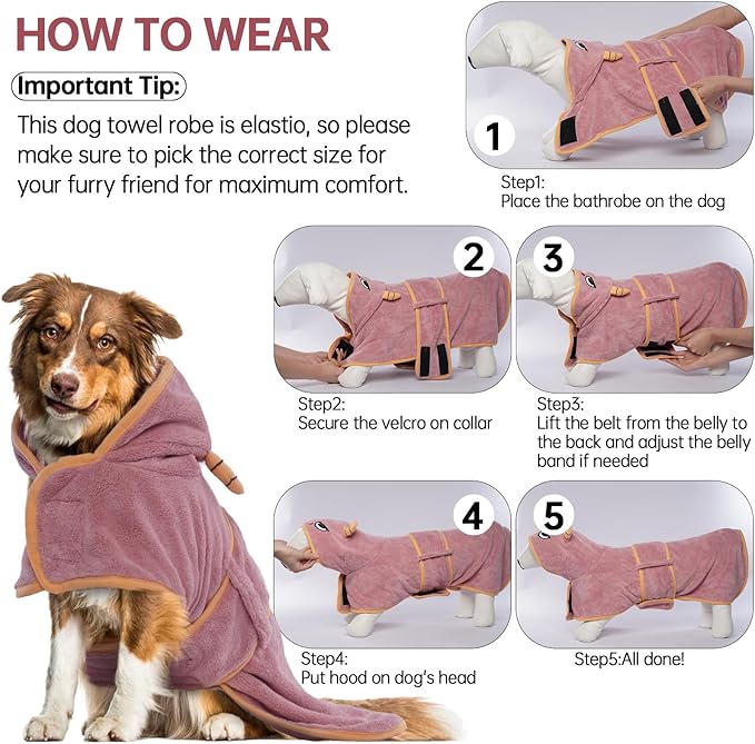 Microfibre Dog Drying Coat for After Bath - Absorbent, Fast Drying Dog Robe, Magic Sticker & Belly Strap for Small, Medium, Large Dogs & Cats