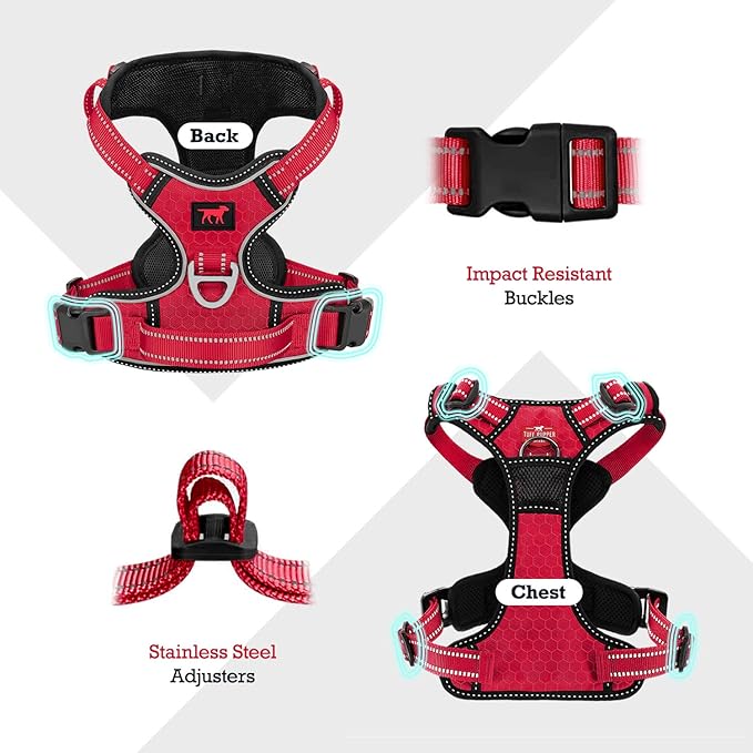 Tuff Pupper No Pull Easy Walk Dog Harness | Heavy Duty Pet Vest | Front & Back Leash Clips | Strong Safety Handle | Reflective Anti Pull Vest | Comfortable Padded Escape Proof Harness (Large, Red)