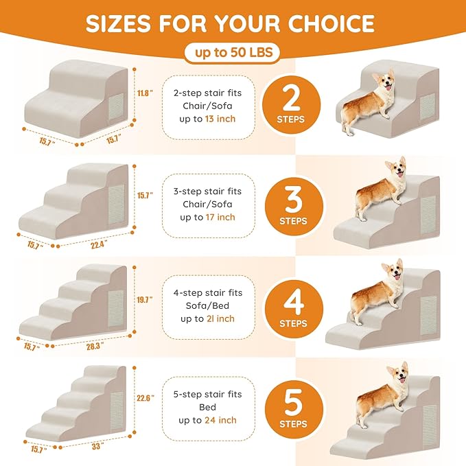 Dogs Steps for Bed, Dog Stairs for Small Dogs, 2-Step Dog Ramp for Bed, Couch, Sofa, and Chairs, Non-Slip Bottom Design, Cat Scratching, High Density Foam Portable Pet Step, Indoor, Beige
