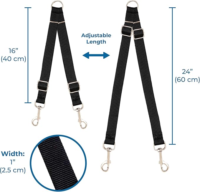 SunGrow 16-24" Adjustable Double Dog Walker Leash, Lightweight Dual Lead with 360째 Swivel Zinc-Alloy Clips, Durable Polypropylene Strap, Fits Small to Medium Breeds, Ideal for Daily Walks & Training