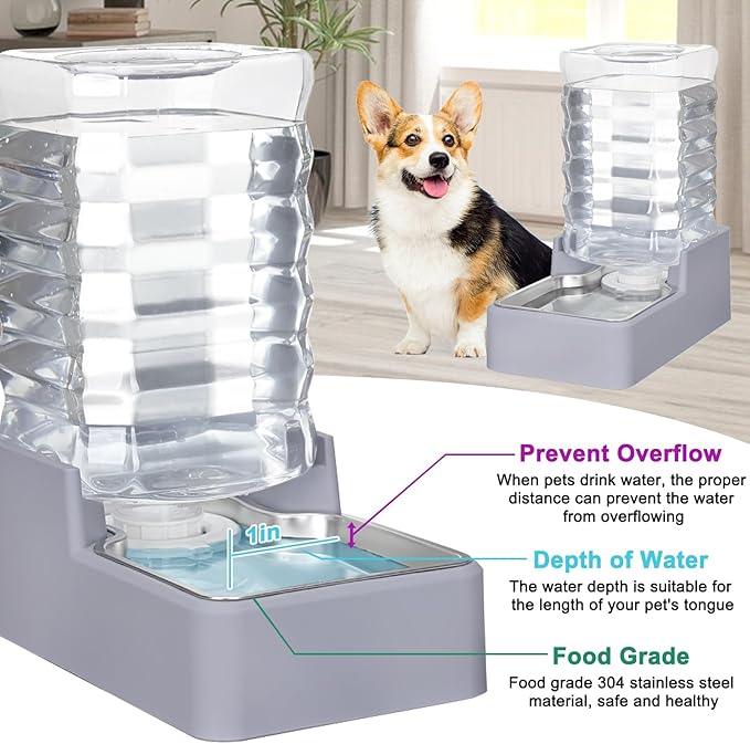Sfozstra Dog Water Bowl Dispenser: 8L Lagre Automatic Gravity Light Gray Upgraded Pet Water Dispenser - Stainless Steel Bowl - BPA-Free - Two Caps and Filters for Multiple Pets