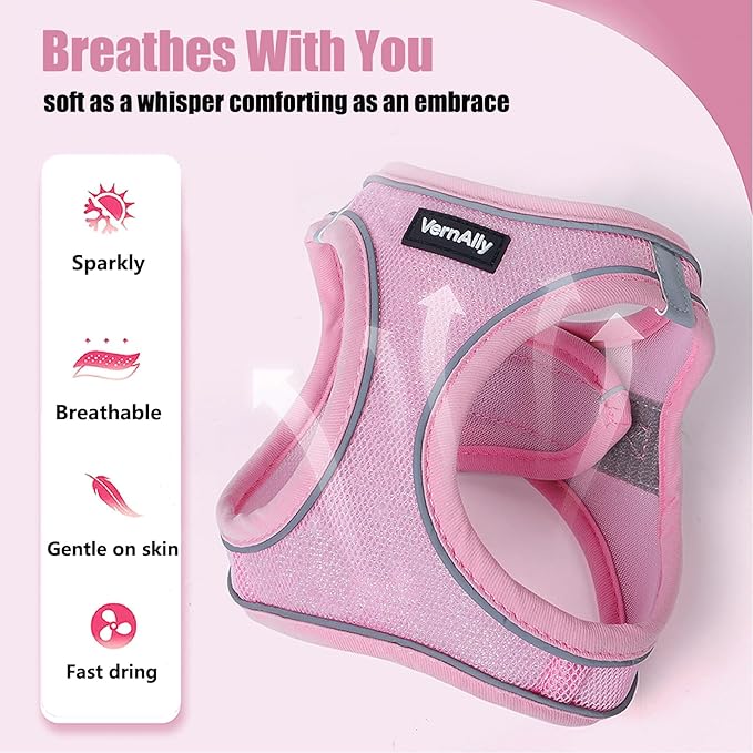 Sparkly Dog Harness Small Sized and Leash Set for Small Dogs Cats,Pink S Puppy Harness, Step in Soft Dog Reflective Vest, Breathable Mesh Pet Harness. (Pink, S)