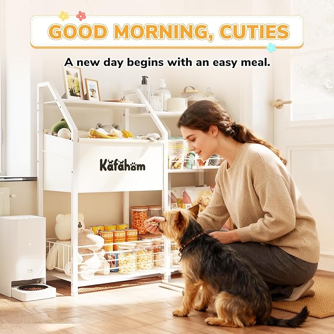 KAFAHOM Dog Toy Basket, Large Dog Toy Bin with Can Dispenser, Pet Toy box with Storage Shelf, Dog Stuff with Collar Leash Holder Rod, Ultimate Pet Furniture & Essentials, Dog Lover Gifts