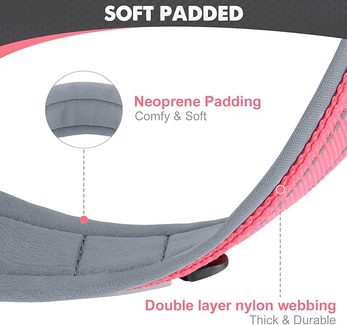 Joytale Dog Collar for Medium Dogs, Neoprene Padded and Adjustable, Reflective Wide Heavy Duty Pet Collars with Durable Metal Belt Buckle for Walking, Pink, M