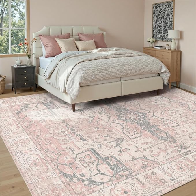 8x10 Area Rugs for Living Room Bedroom, Washable Rug, Pink Vintage Retro Boho Rug, Non Slip & Low Pile Carpet for Indoor Dining Room, Classroom Dorm, Kids Room, Nursery Room(Pink 8x10ft)