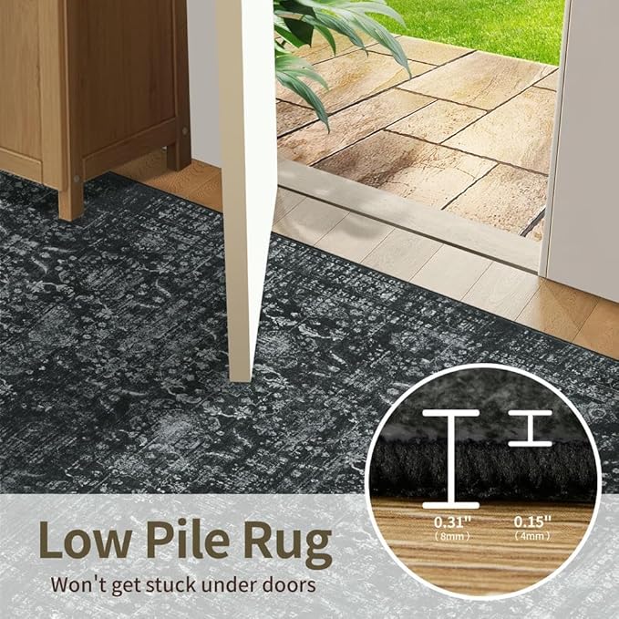 2x6 Runner Rug, Washable Kitchen Rugs, Black Boho Vintage Floral Hallway Runner, Non Slip Low Pile Area Rug Carpet for Indoor Hallway, Kitchen, Laundry Room and Bathroom(Black 2x6ft)