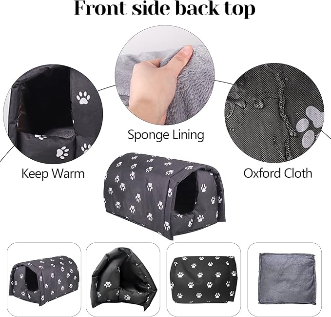 Fhiny Stray Cats Shelter, Waterproof Outdoor Cat House Foldable Warm Pet Cave for Winter Wild Animal Tent Bed Anti-Slip Kitten Cave for Feral Cat Dog Puppy Weatherproof Black