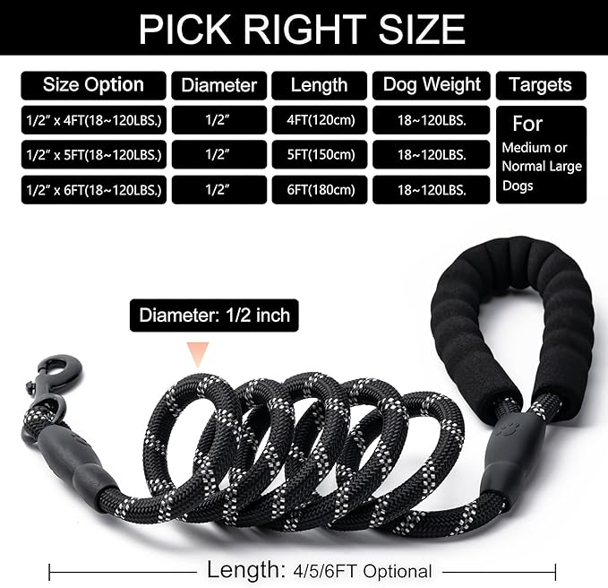 2 Pack Dog Leash, 4/5//6 FT Heavy Duty Nylon Rope Pet Leashes with Comfortable Padded Handle, Reflective Dog Leashes for Small Medium and Large Dogs (4FT-1/2,Black/Black)