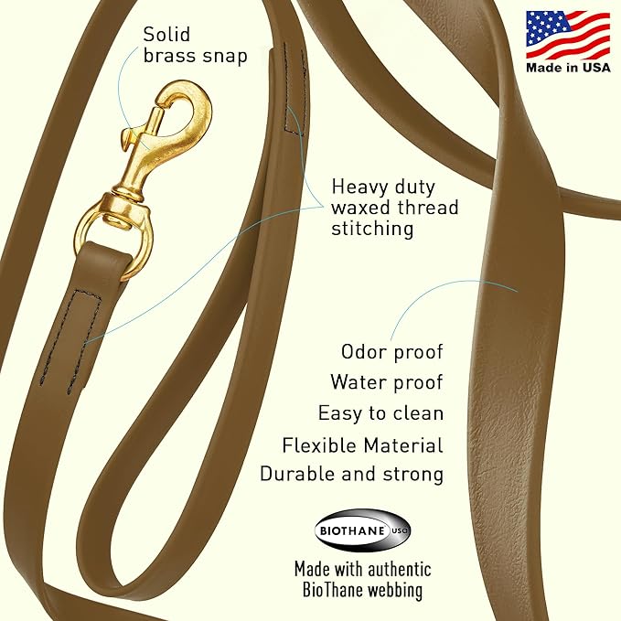 Viper Biothane K9 Working Dog Leash Waterproof Lead for Tracking Training Schutzhund Odor-Proof Long Line with Solid Brass Snap for Puppy Medium and Large Dogs, 20ft Coyote Brown