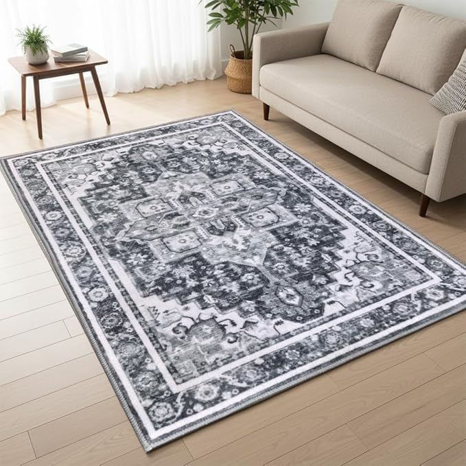 Muddy Mat짰 Onyx 5ft x 7ft Washable Area Rugs for Living Room, Bedroom & Dining Room ??Modern Soft Low Pile Non Slip Carpet ??Pet Friendly Waterproof Foldable Rugs for Home