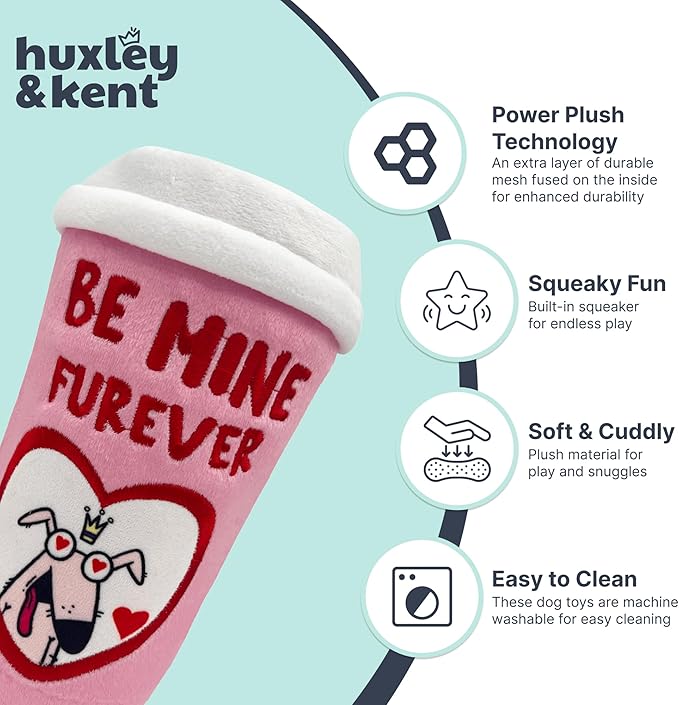 Huxley & Kent Funny Dog Toy w/Squeaker – Valentine's Day Power Plush Squeaky Dog Toys for Small, Medium & Large Dogs – Soft Stuffed Animal for Indoor Play & Fetch - Be Mine Furever Latte, Small