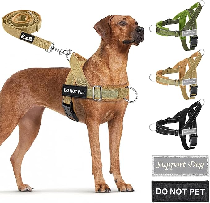SlowTon No Pull Dog Harness - Heavy Duty Dog Harness and Leash Set for Medium Large Dogs, Reflective Tactical Harness with Soft Padded and Front Clip for Easy Walk and Training (Tan M)