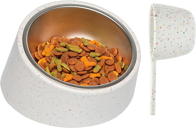 Bzyoo Pet Bowl for Small Dogs & Cats, Stylish Sprinkle Design, Elevated, (White w/Scoop, 2 Cups w/Scoop)