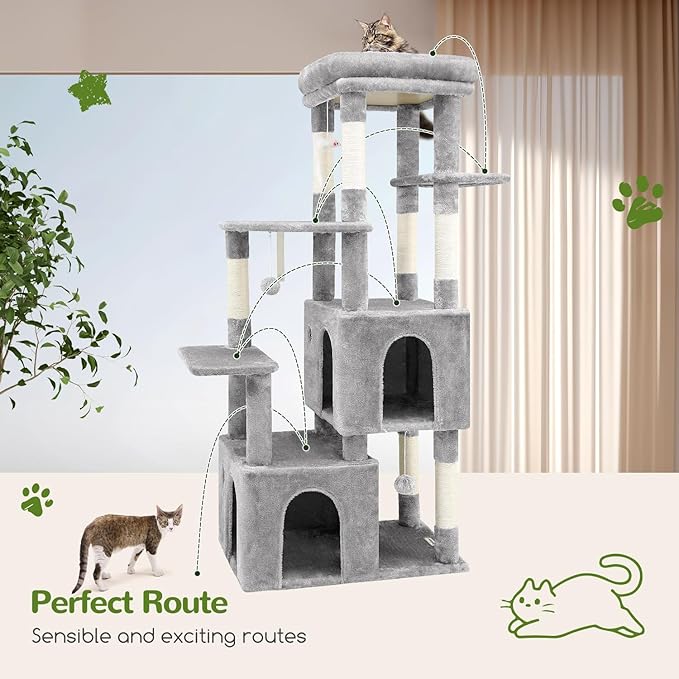 Globlazer Cat Tower for Indoor Cats, Heavy Duty Cat Trees for Large Cats Adult Big Cats Maine Coon Cat Tree Tower with Scratching Post, Extra Large Top Perch, Cat Condos, F61, Light Grey, 61inch