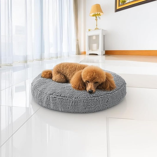 Muddy Mat®Cloud K-9 Bed for Dogs & Cats, Soft & Relaxing Round Dog Bed, Chenille Material, Removable Cover, Washable & Dryer Safe–Grey Medium(35'x35')