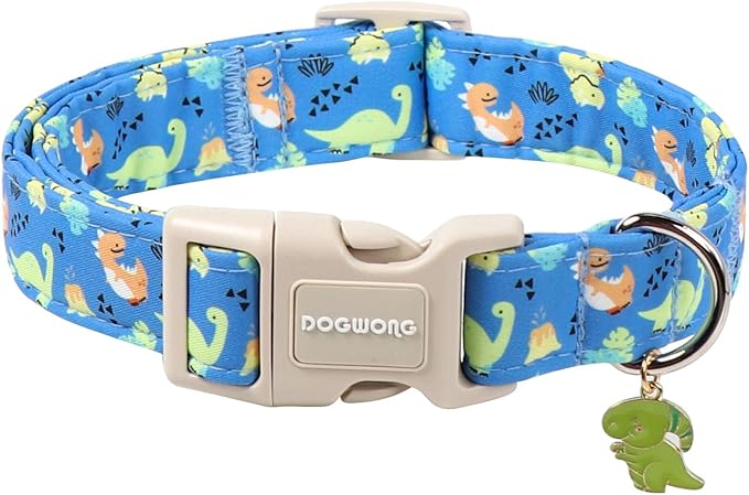 DOGWONG Blue Dog Collar Adjustable Soft Natural Fabric Boy Pet Dog Collar Cute Dinosaur Puppy Collars for Small Medium Large Dogs