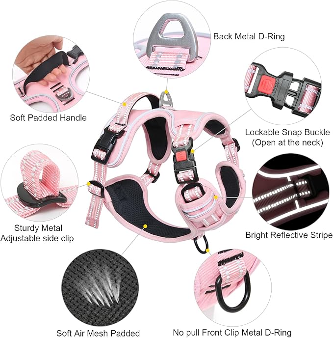 Timos Dog Harness Small Sized, No Pull Pet Harness with Neck Lockable Snap,No Choke Front Clip Dog Reflective Vest,Adjustable Metal Rings 3 Buckles,Easy Control Handle for Small Dogs Lock Pink S