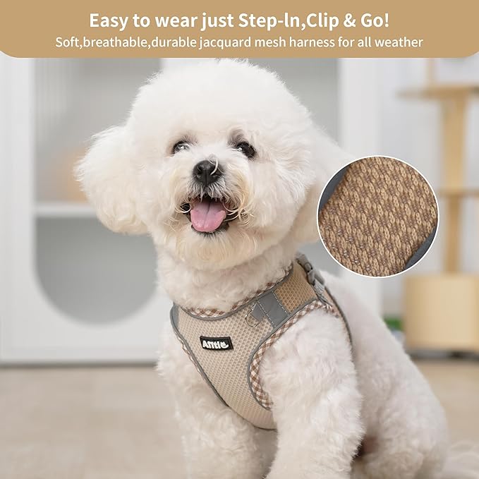 AIITLE Teacup Puppy Harness with Leash - Adjustable Soft Vest with Magic Tape & Reflective Safety Strips, Easy-Put-On for Poodles, Pomeranians - Gym, Hiking, Travel (Brown-Beige, S)