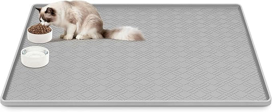 Lanstics Cat Food Mat, 42" x 29" Large Silicone Mat Cat Feeding Mat with Raised Edge Non-Slip Pet Feeding Mat for Food and Water Bowl, Easy to Clean, Floor Protection (Light Gray)