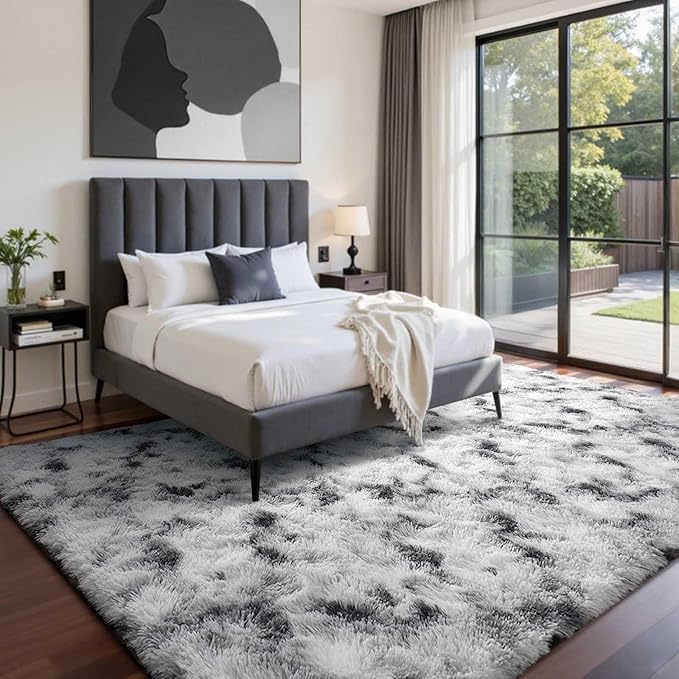 5x7 Ft Large Shag Rugs for Bedroom Living Room Decor for Men Boys, Tie Dyed Ultra Soft Fluffy Furry Area Rug for Indoor Floor, Aesthetic Carpet for Home Decor (Black White)