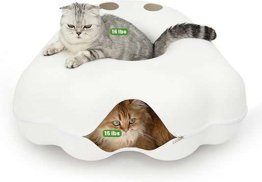 Cattasaurus Unique Gothic Peeka-Boo Cat Cave, Extra Spacious for Multiple & Large Cats 15+ lbs, Scratch Detachable Cat Beds for Indoor Cats, Washable Tunnel Bed (White Ghost, Jumbo)