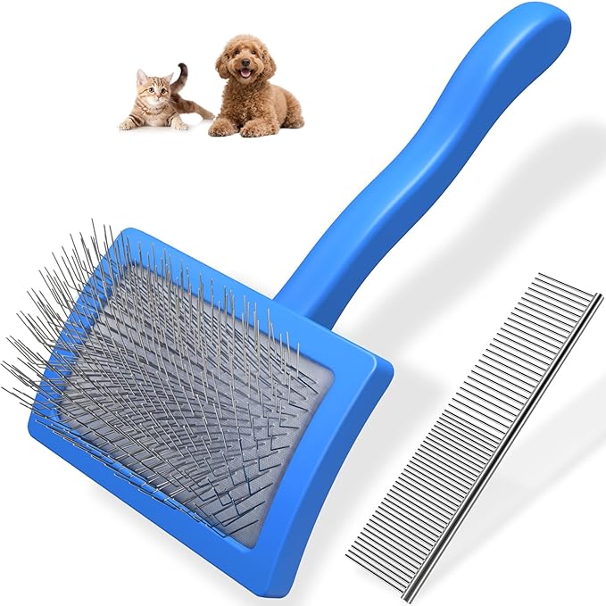 2PCS Slicker Brush for Dogs & Pet Comb,Professional Dog Grooming Brush (Goldendoodles,Poodles,Labradoodles) with Extra Long Pins to Effectively Remove Tangles, Knots and Mats (Blue, Medium)