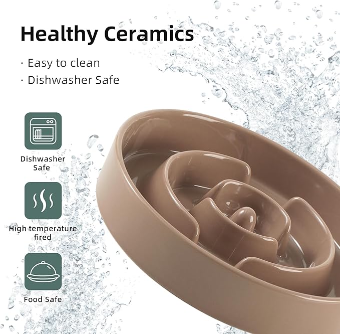 3.2 Cup Ceramic Raised Slow Feeder Dog Bowl Set, Elevated 8.2inch Bowl and 9.5inch Puzzle Slow Food Dish with Wooden Stand for Large Dog, Anti-Gulping (2 x Brown Coffee+ Stand)