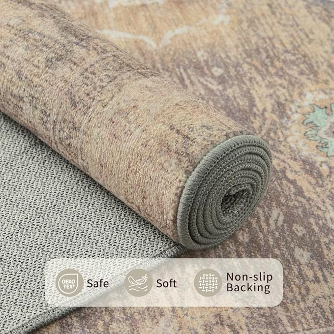 6x9 Area Rugs for Living Room Bedroom, Large Washable Rug, Beige Vintage Retro Boho Rug, Non Slip & Low Pile Faux Wool Thin Carpet for Indoor Dining Room and Kids Room(Beige 6x9ft)