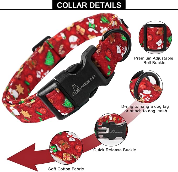 ARING PET Christmas Dog Collar Cute Santa Claus Dog Collar, Adjustable Cotton Red Dog Collars Puppy Collar for Small Medium Large Boy and Girl Dogs