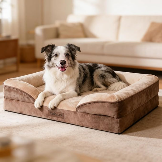 BELLA & PAL Orthopedic Dog Sofa Bed for Medium/Large Dogs – No Assembly Needed, Chew-Proof Egg-Crate Foam Dog Couch with Waterproof Liner, Washable Removable Cover (Brown, 36" L x 27" W x 6.5" Th)