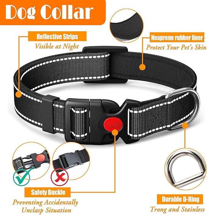 No Pull Dog Harness, Collar & Leash Set | Includes Dog Seat Belt, Collapsible Bowls & Poop Bag Dispenser. Ideal for Training, Walking, Hiking. Fits Small to Large Dogs(Black-L)