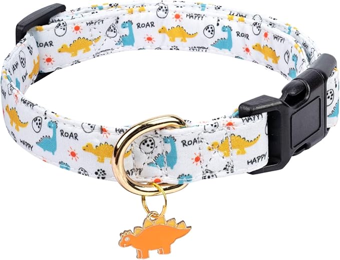 Cotton Dog Collar,Adjustable Cute Puppy Collar with Moon Patterned Design for Small Medium Large Dogs,Soft and Fancy Pet Collar with Safety Buckle for Girl Boy Dogs (Yellow Dinosaur, S)