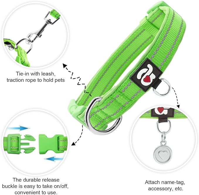 azuza Reflective Dog Collar Green Soft Neoprene Padded Pet Collar with ID Tag Ring, Adjustable for Medium Dogs,Green,M