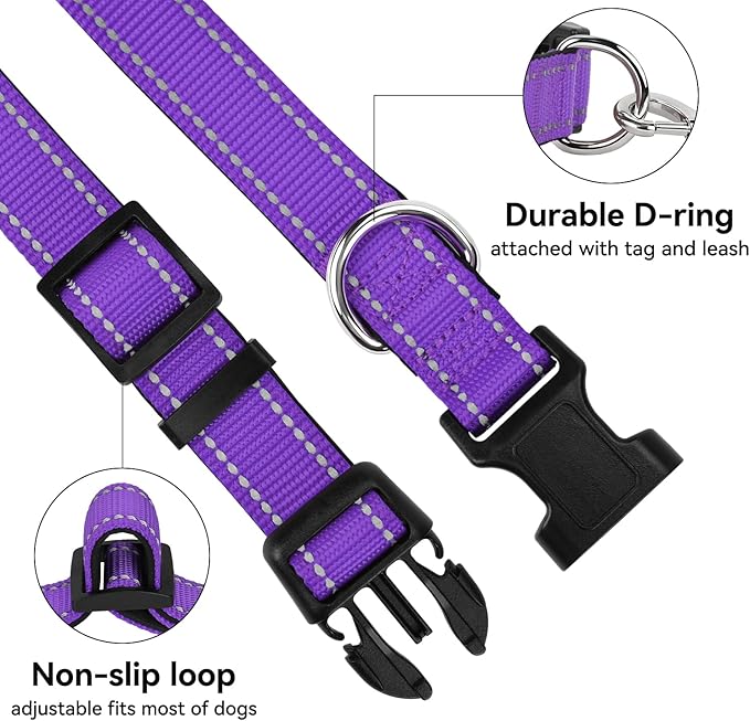 Purple Dog Collar for Mediunm Dogs, Reflective Adjustable Collar with Soft Neoprene Padded, Durable Buckle for Daily Walking,Purple,M, 3/4" Width