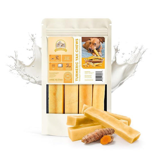 KATHMANDU'S 100% Natural Turmeric Flavored Yak Chews – Keep Dogs Busy & Happy with Our Lactose&Rawhide Free Himalayan Dog Chews - Long Lasting Dental Treats for Aggressive Chewers (Large, Pack of 4)