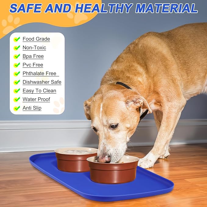 Silicone Pet Feeding Mat with Raised Edge for Food and Water, Dog Bowl Mats, Cat Bowls Placemat with High Lip for Floor Waterproof, Rubber Tray for Cats and Dogs 24 x 16 x0.8 Navy Blue