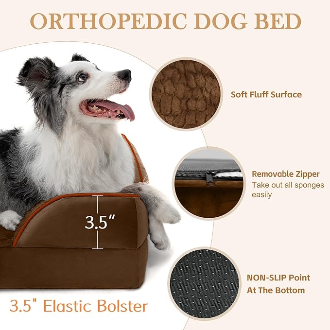 Comfort Expression Orthopedic Dog Bed for Medium Dogs 28x19 Inch, Waterproof Egg Crate Foam Medium Pet Bed with Removable Bolsters, Dog Couch with Washable Cover & Non-Slip Bottom, Dark Brown